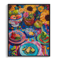 Colorful Table with Sunflowers and Fruits Wall Painting For Cafe