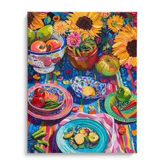 Colorful Table with Sunflowers and Fruits Wall Painting For Cafe