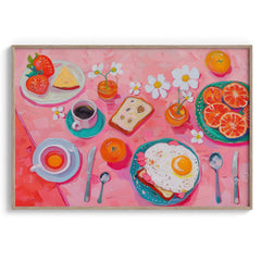 Pink Breakfast Spread Wall Painting For Cafe