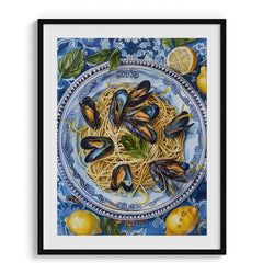 Spaghetti with Mussels on Blue Plate Canvas Wall Paintings