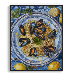 Spaghetti with Mussels on Blue Plate Canvas Wall Paintings