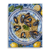 Spaghetti with Mussels on Blue Plate Canvas Wall Paintings