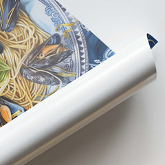 Spaghetti with Mussels on Blue Plate Canvas Wall Paintings