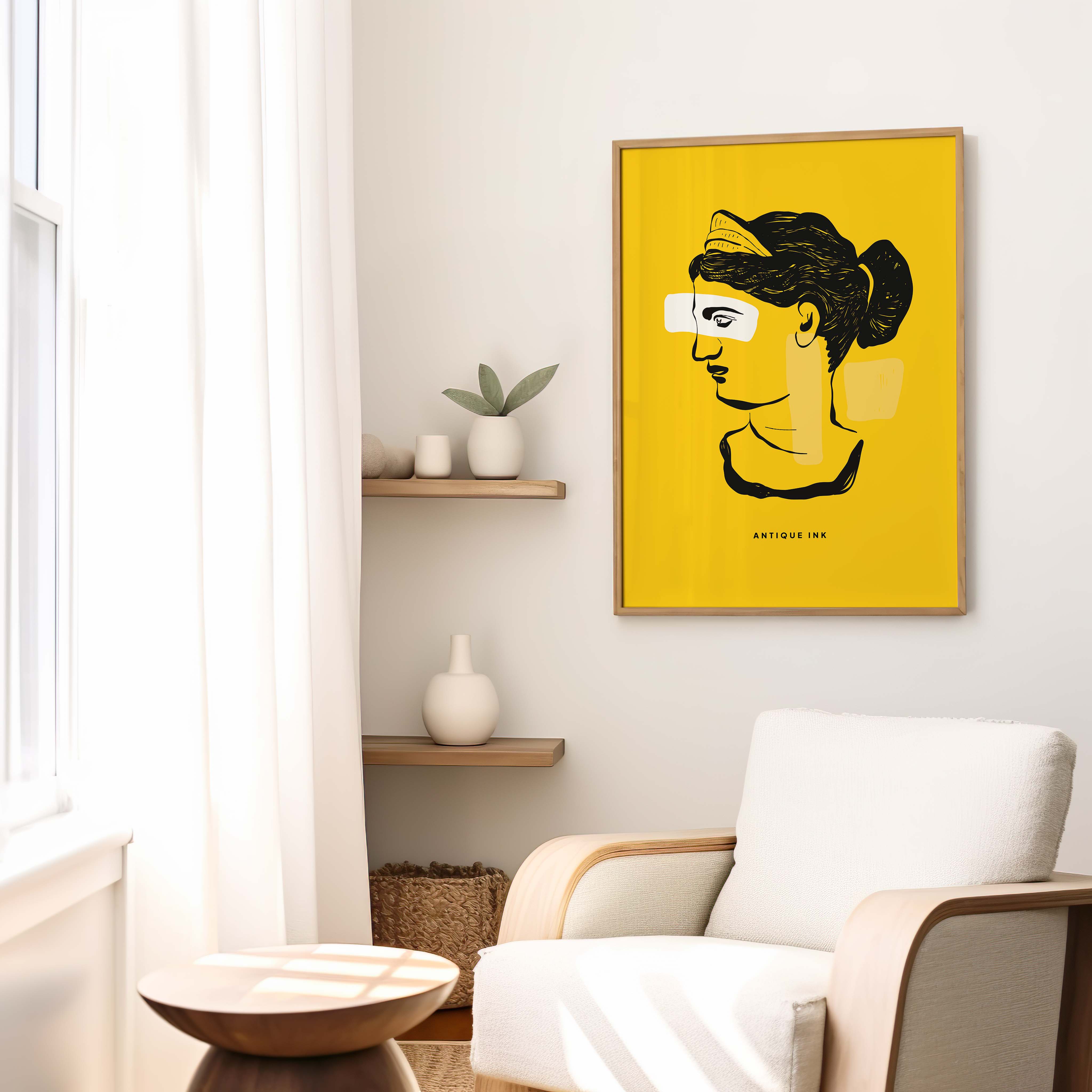 Antique Ink Portrait – Yellow Background