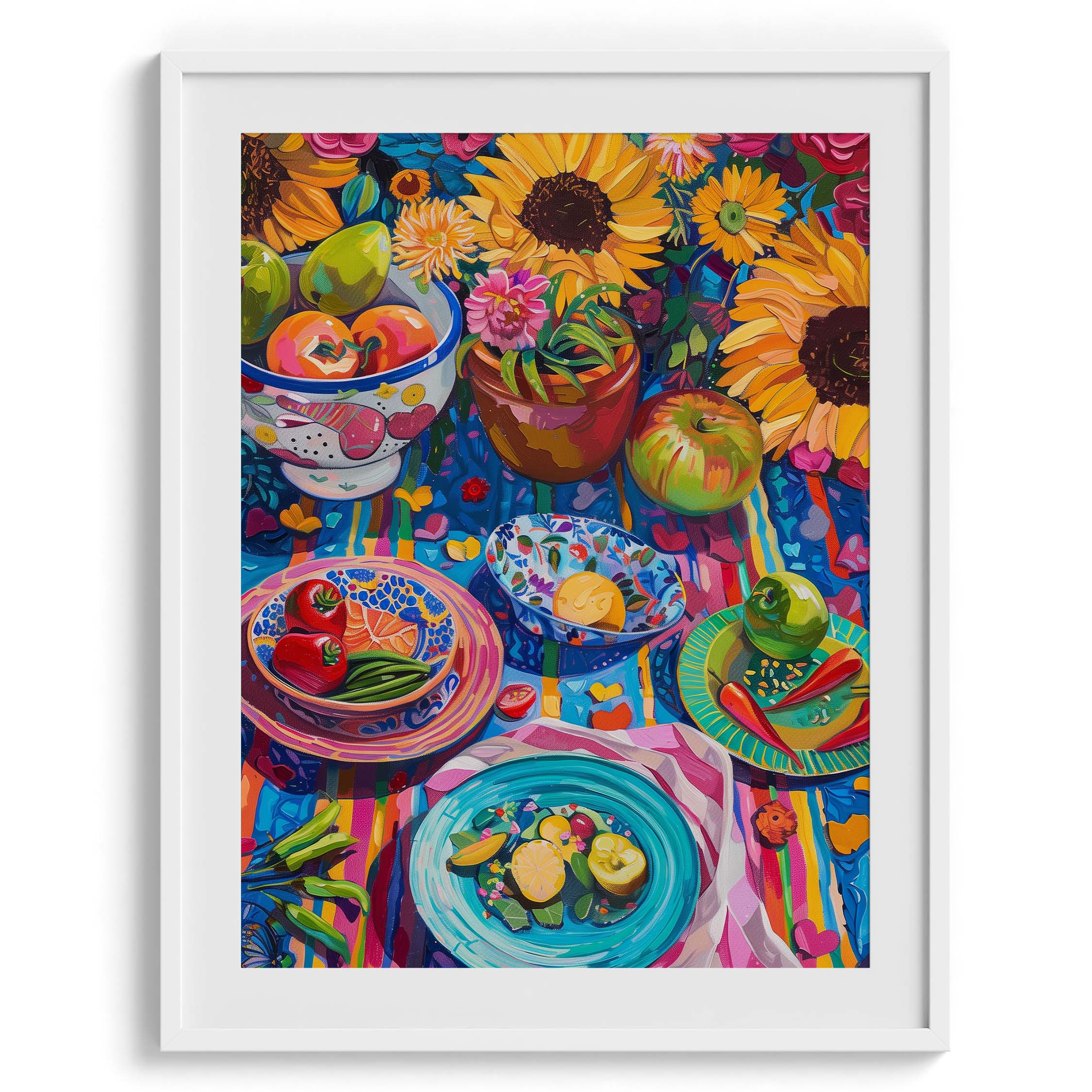 Colorful Table with Sunflowers and Fruits Wall Painting For Cafe