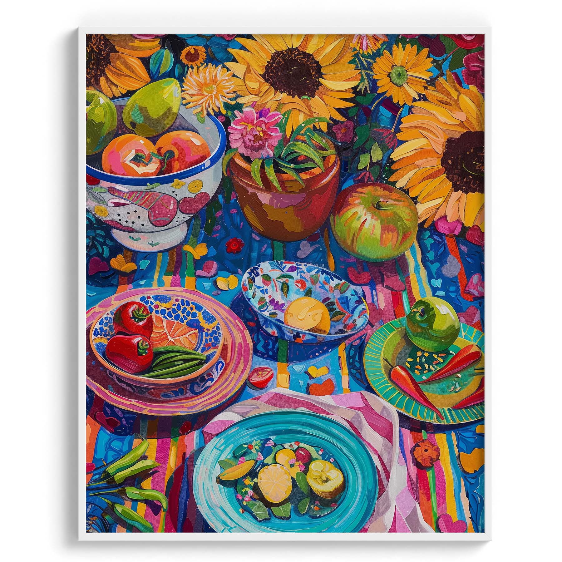 Colorful Table with Sunflowers and Fruits Wall Painting For Cafe