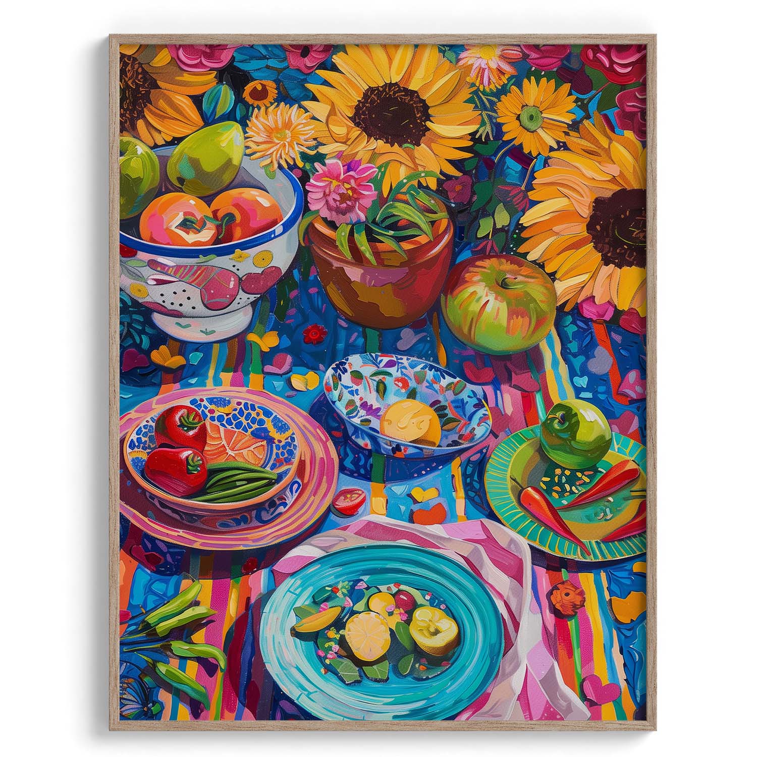 Colorful Table with Sunflowers and Fruits Wall Painting For Cafe