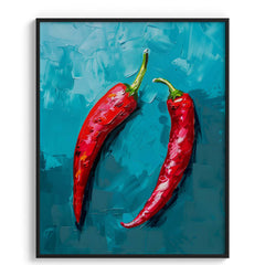 Crimson Chillies on Teal Canvas Wall Prints