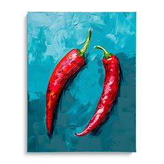 Crimson Chillies on Teal Canvas Wall Prints