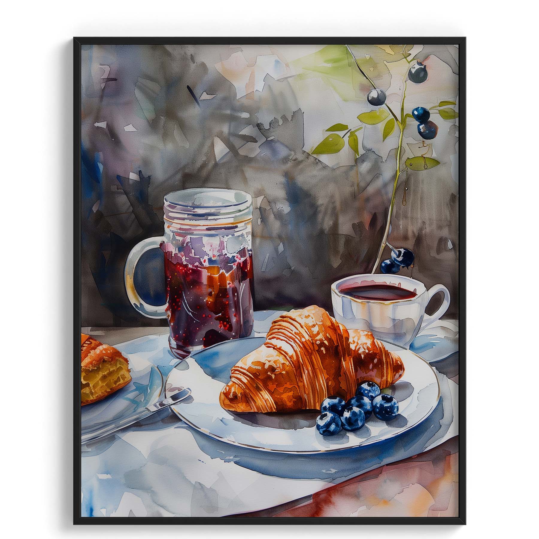 Croissant and Coffee with Berries Framed Art For Wall