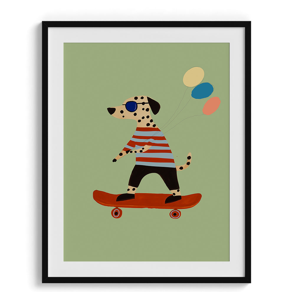 Dalmation on Skateboard with Balloons Print