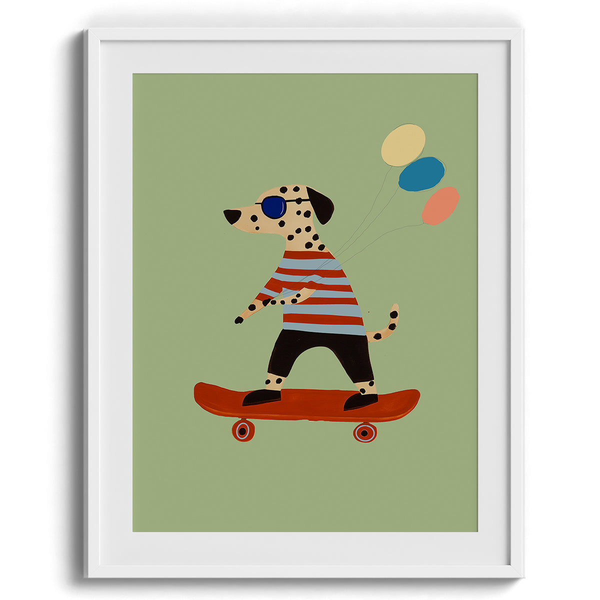 Dalmation on Skateboard with Balloons Print