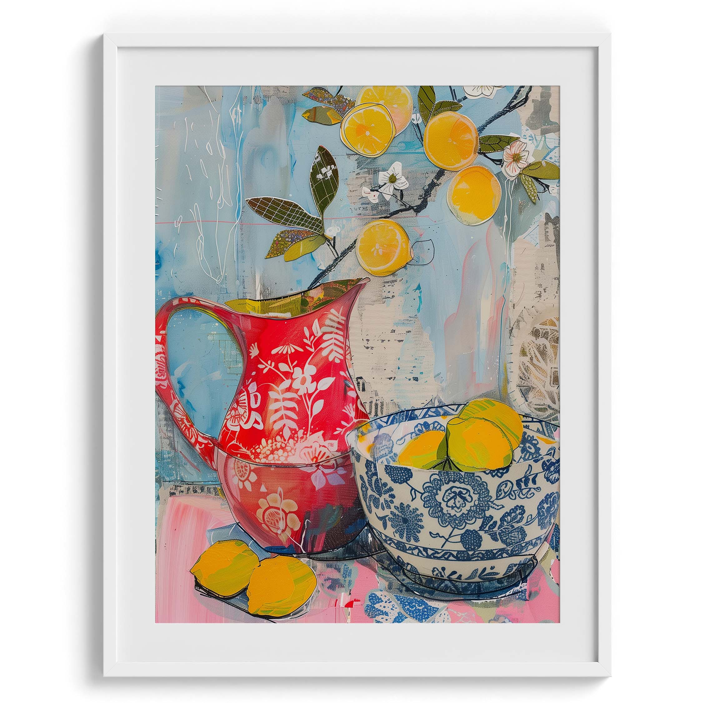 Lemons in Red and Blue Pottery Wall Art Painting