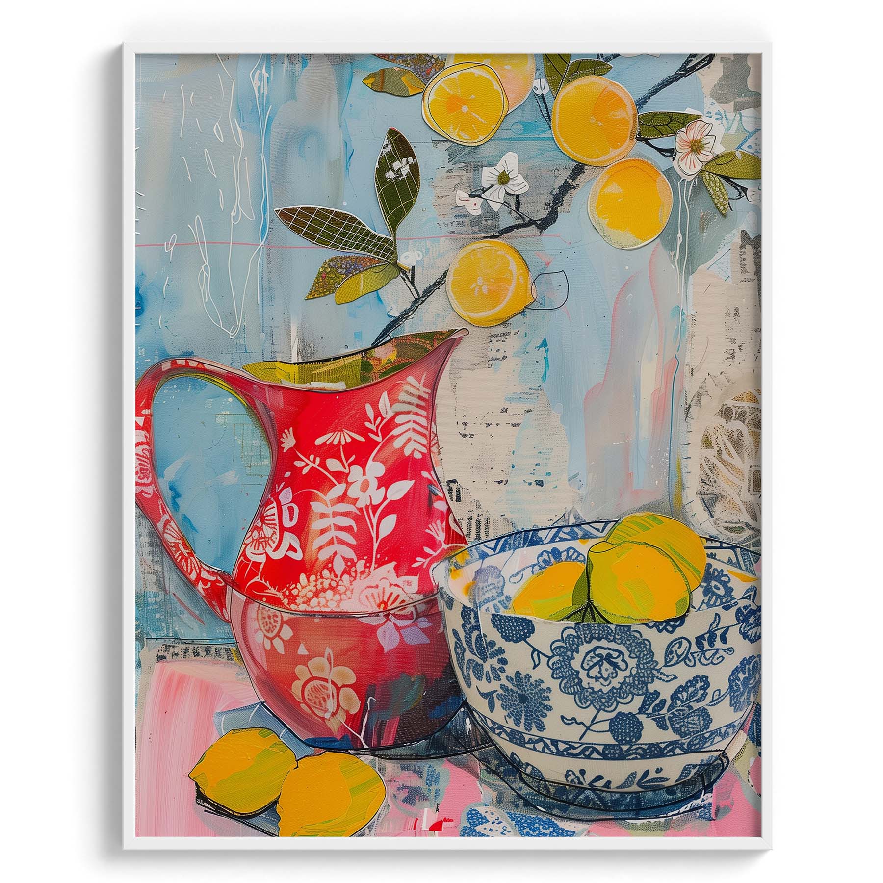 Lemons in Red and Blue Pottery Wall Art Painting