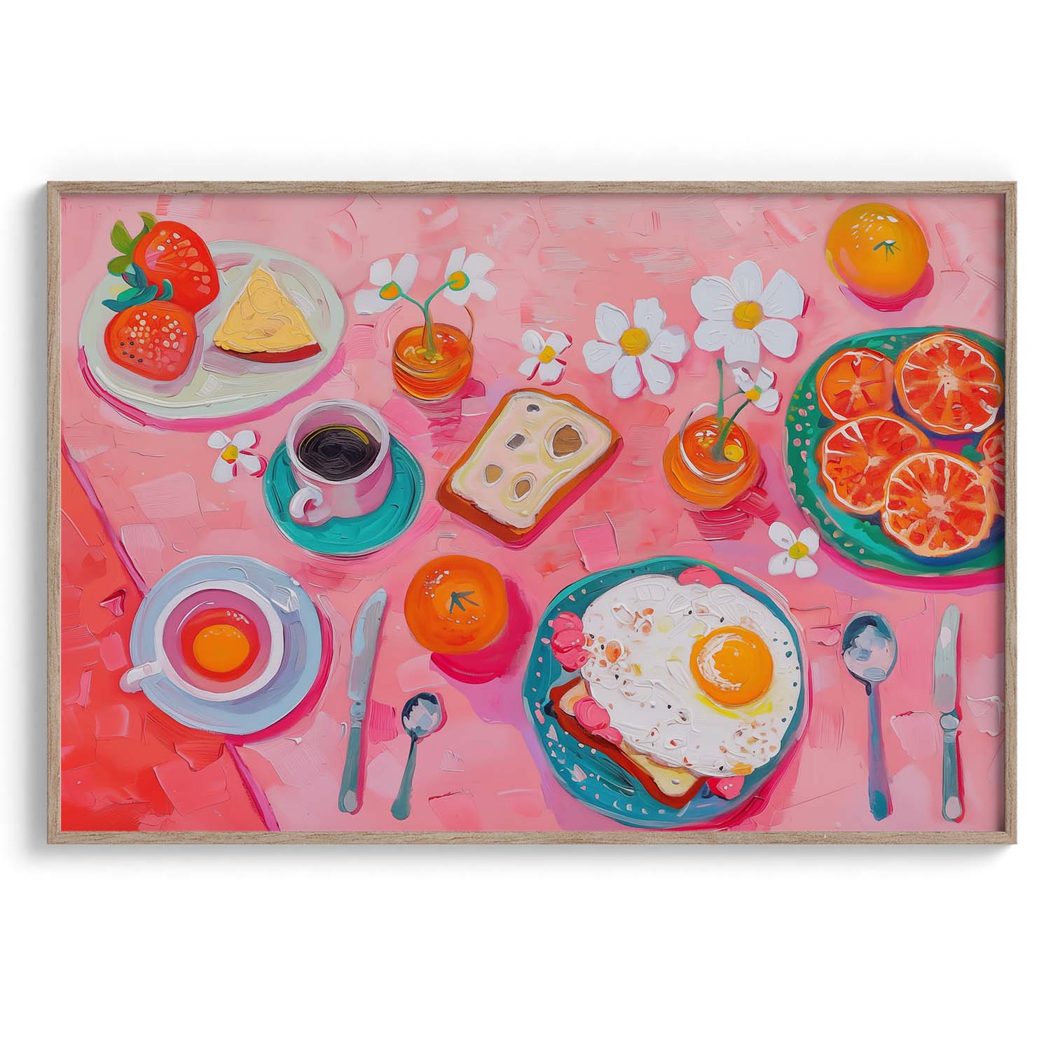 Pink Breakfast Spread Wall Painting For Cafe
