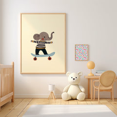 Skater Elephant Kids Illustration Wall Art