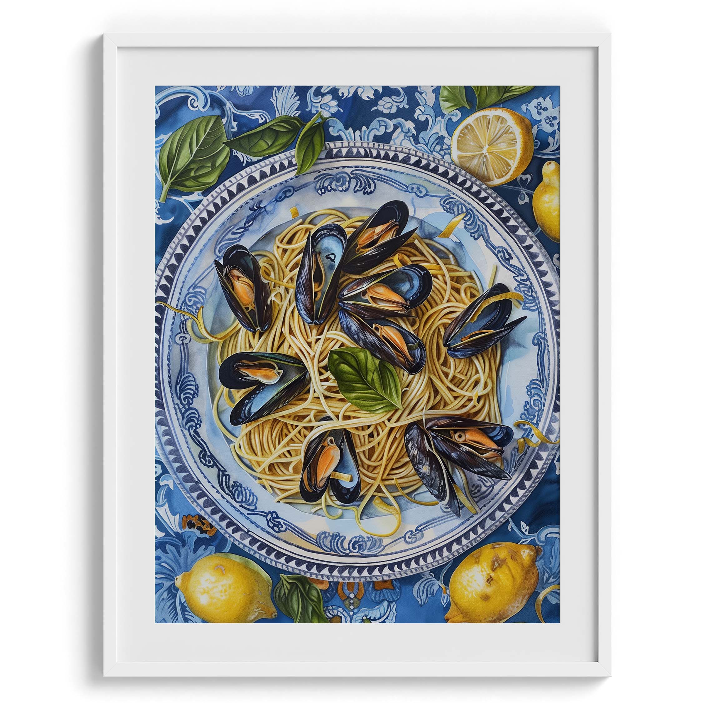 Spaghetti with Mussels on Blue Plate Canvas Wall Paintings