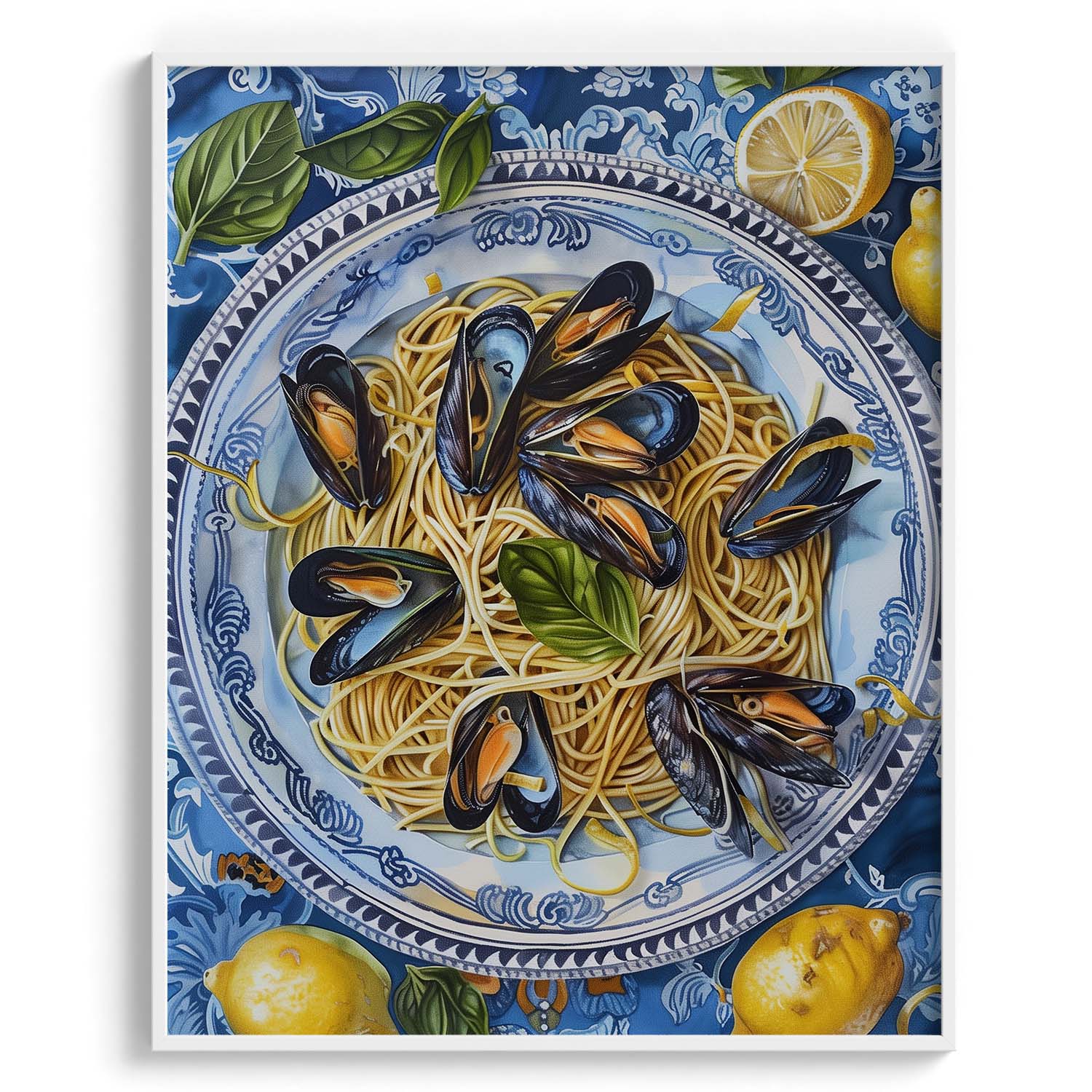 Spaghetti with Mussels on Blue Plate Canvas Wall Paintings