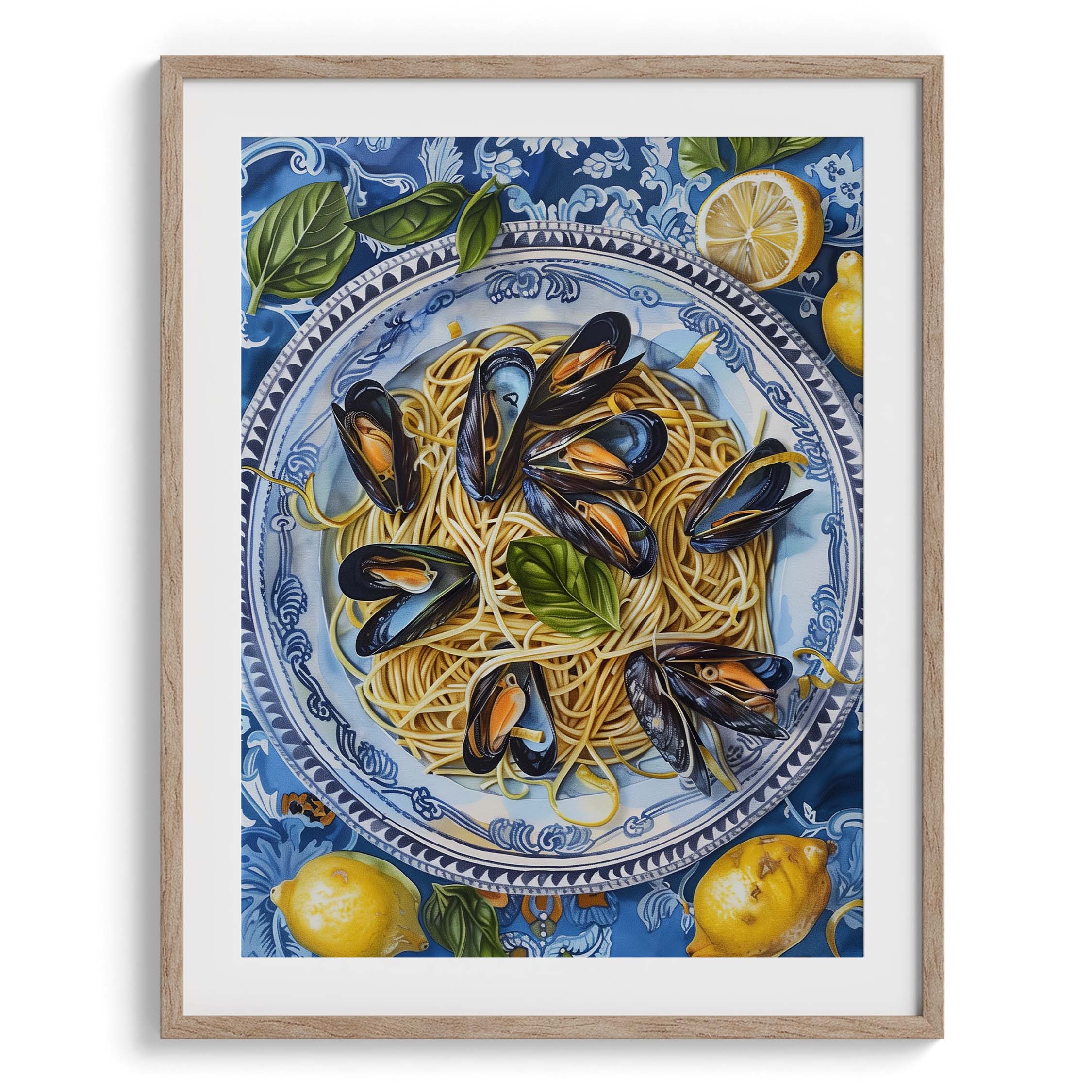Spaghetti with Mussels on Blue Plate Canvas Wall Paintings