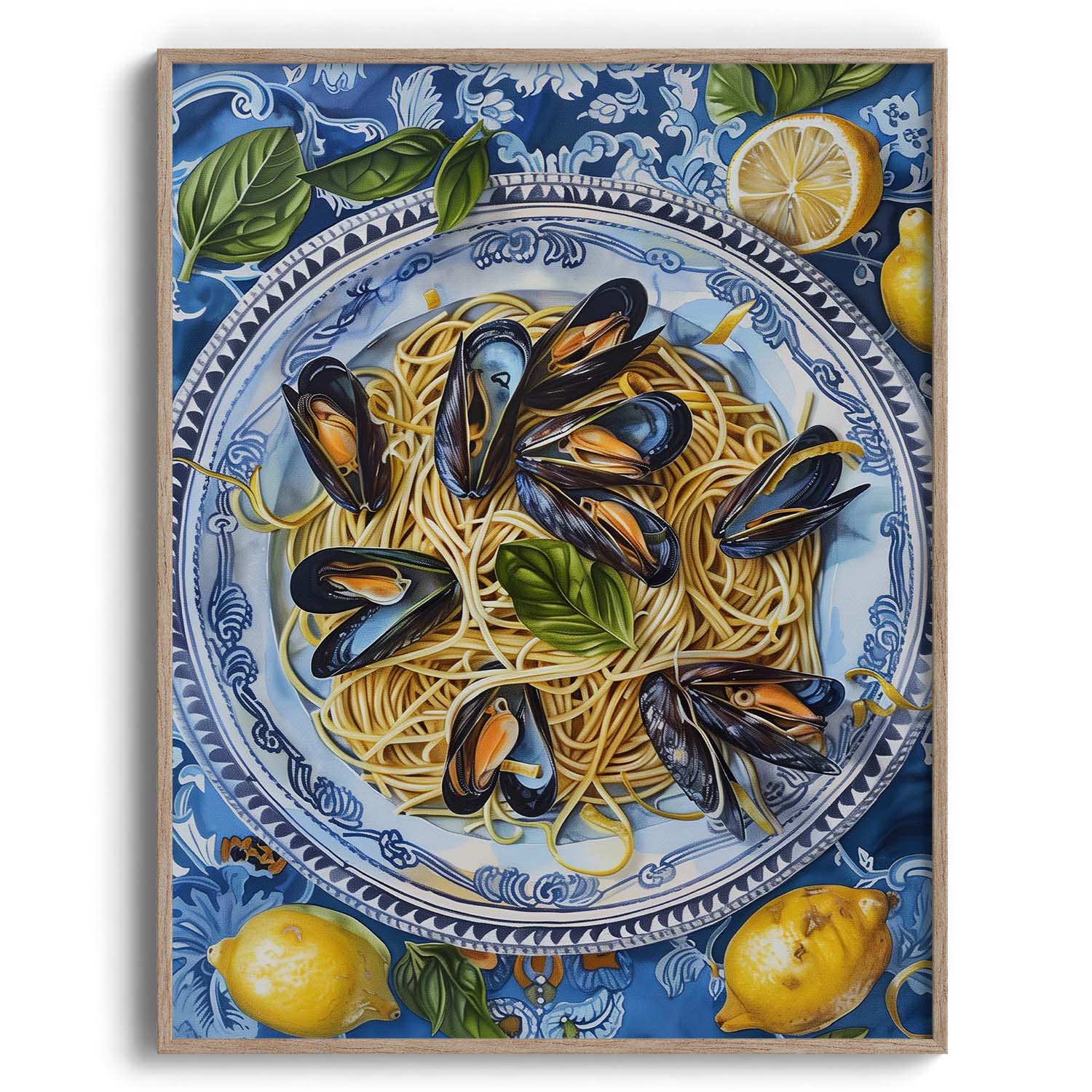 Spaghetti with Mussels on Blue Plate Canvas Wall Paintings
