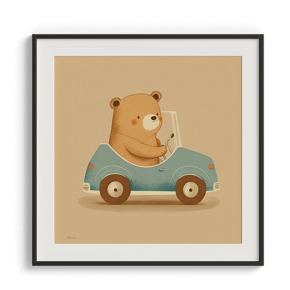Teddy in a Blue Car Kids Print