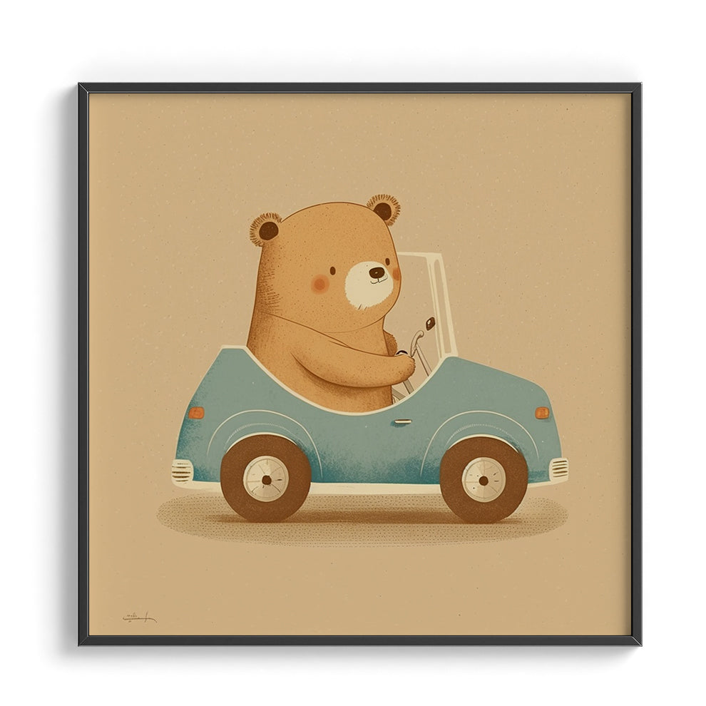 Teddy in a Blue Car Kids Print