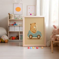Teddy in a Blue Car Kids Print