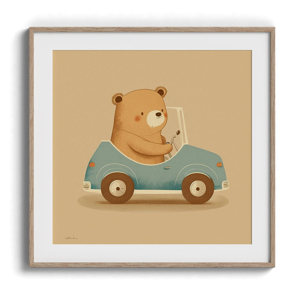 Teddy in a Blue Car Kids Print