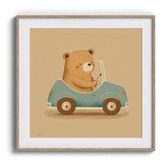 Teddy in a Blue Car Kids Print