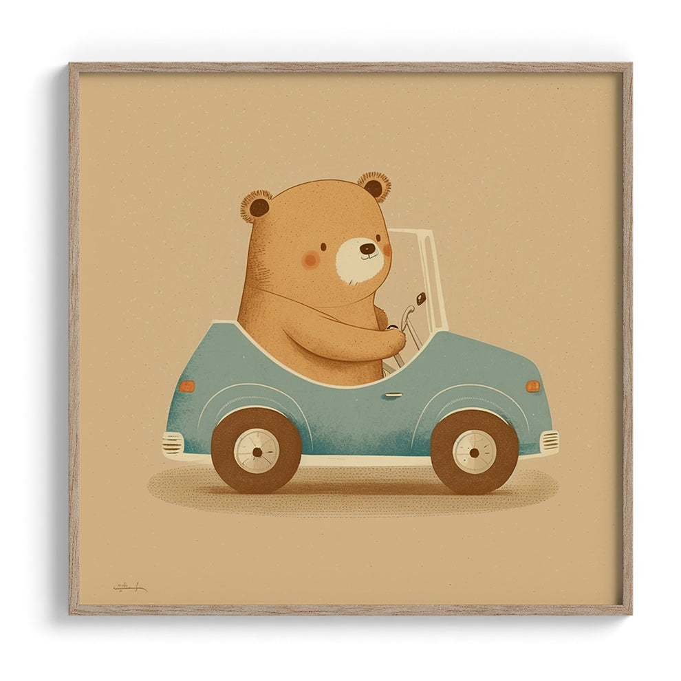 Teddy in a Blue Car Kids Print