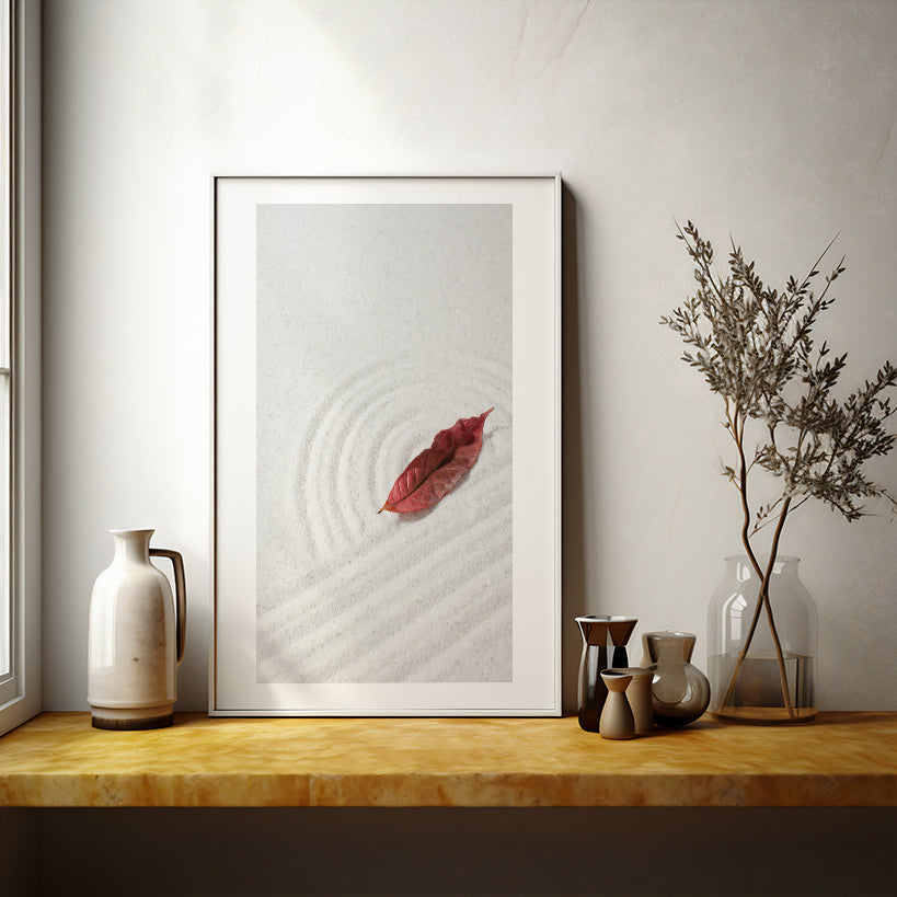 Zen Sand Garden with Red Leaf